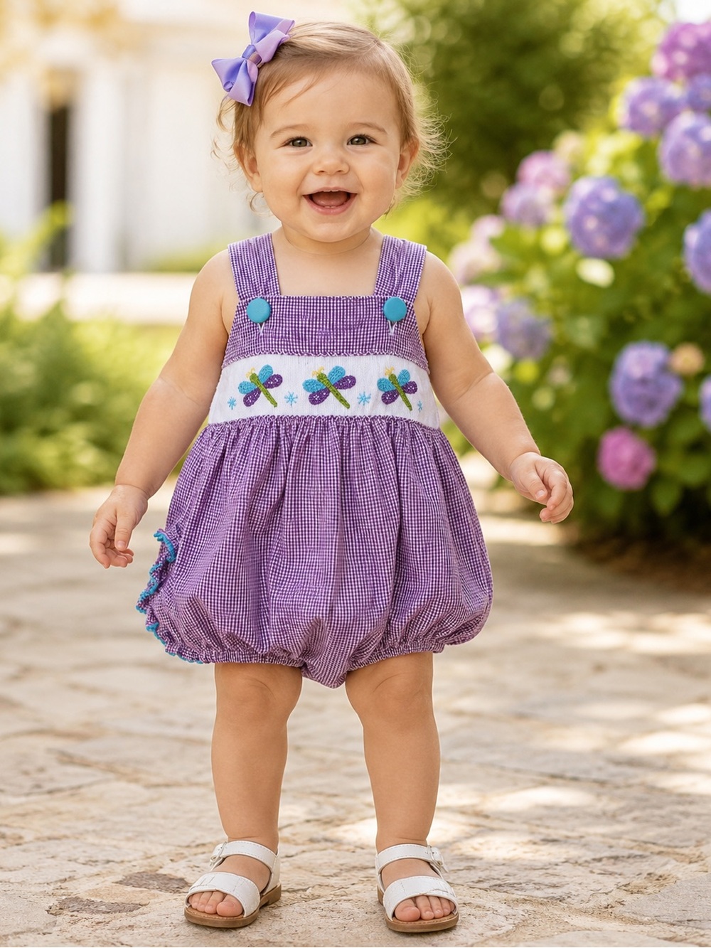 Mauve Gingham Smocked Dragonfly Pinafore Dress for Girls